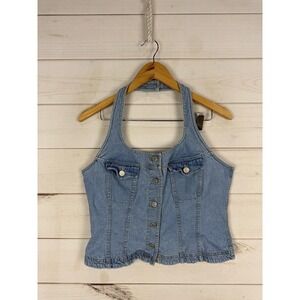 Levi's Vest Womens Large Blue Denim Button Front Halter Crop Top Jean Y2K